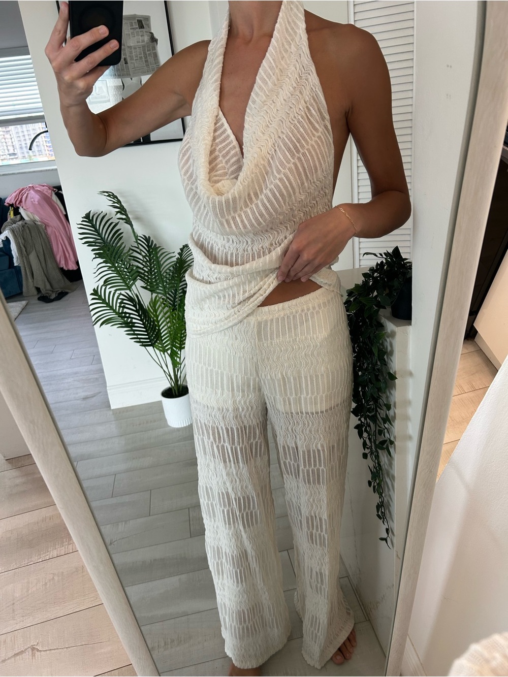 Sleeveless Ivory Crochet Halter Set pants and top